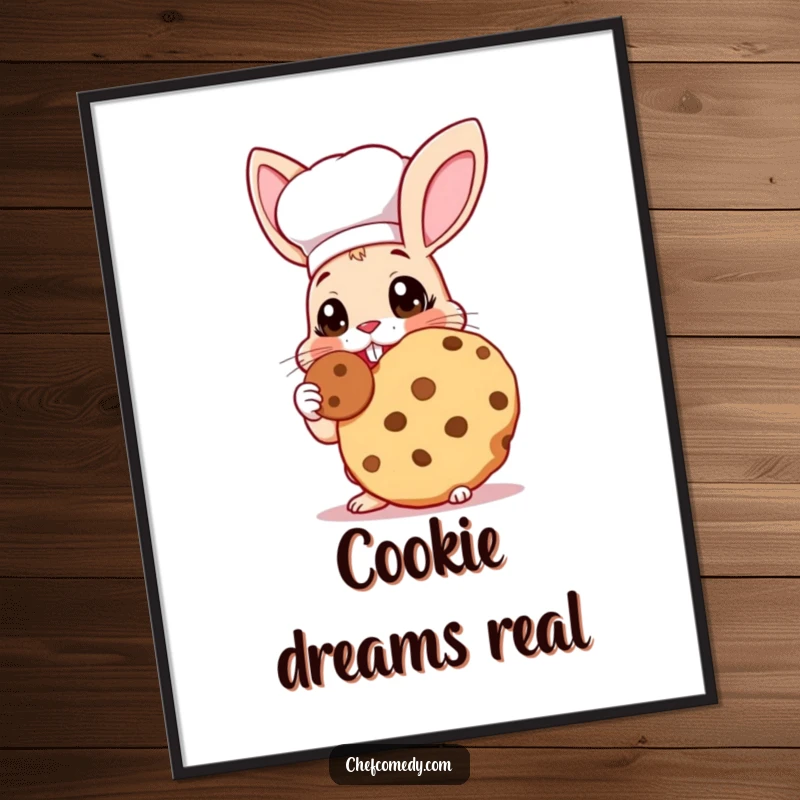 Funny Rabbit Chef Digital Art Print: A rabbit chef with wide eyes joyfully tasting a giant cookie, capturing pure foodie bliss.