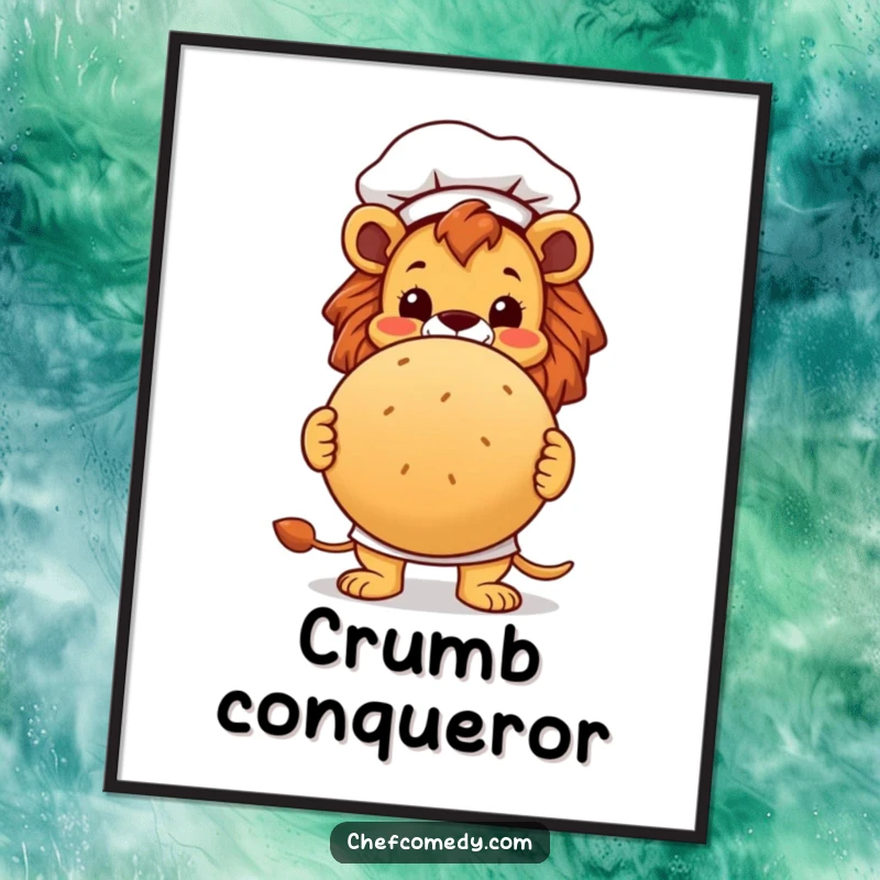 Funny lion chef character proudly presenting a large, round bread loaf, high-resolution digital art print for instant decor.