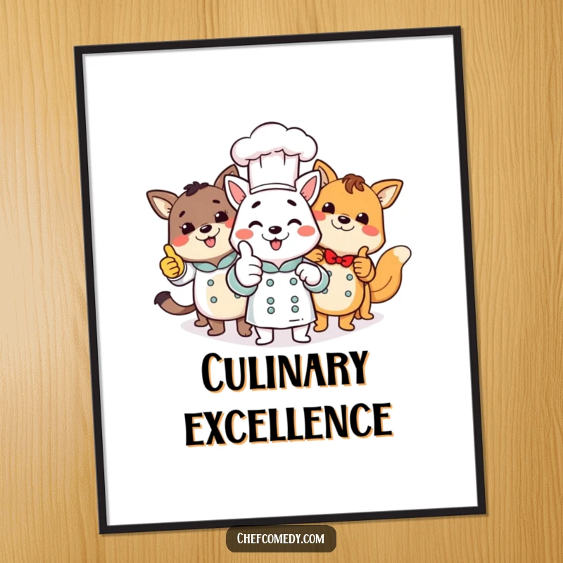 Funny group of animal chefs giving a collective thumbs up, as a high-resolution digital art print for wall decoration.