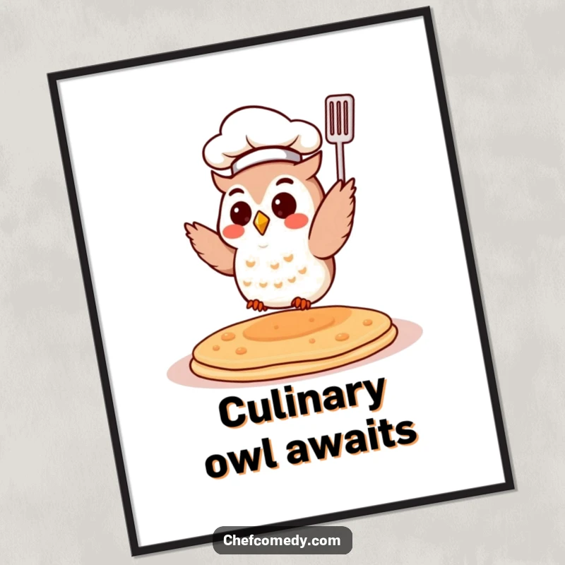 Funny Chef Owl Digital Print: A small owl chef flips a pancake in the air. Instant download art full of culinary humor.