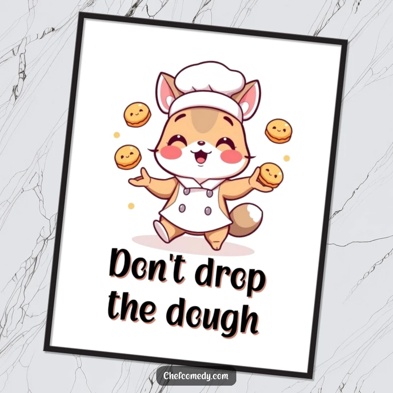 Funny digital art print: A chef animal character playfully juggles small, round pastries, perfect for humorous kitchen decor.