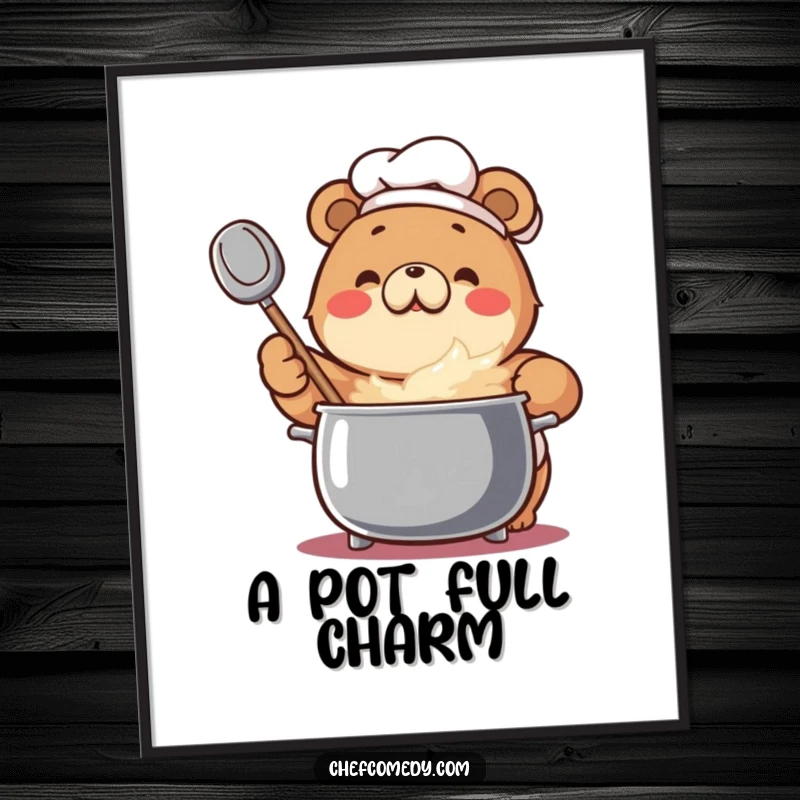 Funny Bear Chef Digital Art Print: An enthusiastic bear stirs a bubbling pot with a large spoon, ready for printing.