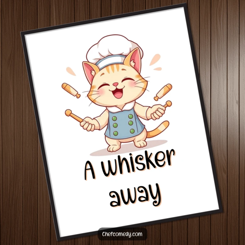 Funny Cat Chef Digital Art Print: A giggling cat chef juggles rolling pins with a wide grin, ready for printing.