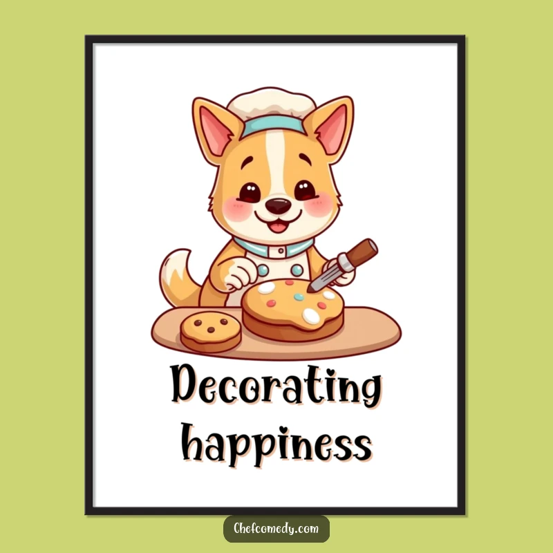 Funny Dog Chef Digital Art: Happy Cookie Decorating Character, Whimsical Funny Gift for Walls