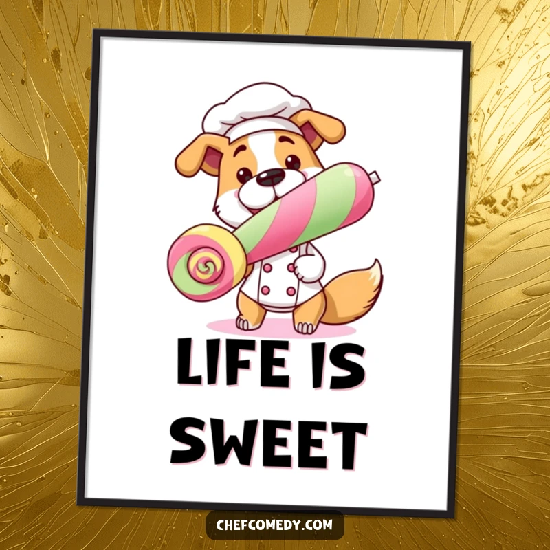 Funny Dog Chef Digital Art Print showing a dog chef with a lollipop, perfect for instant humorous decor.