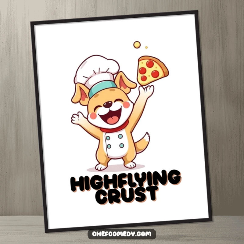 High-resolution funny dog chef art, dynamically tossing pizza dough high, perfect for immediate digital or printed humorous decor.