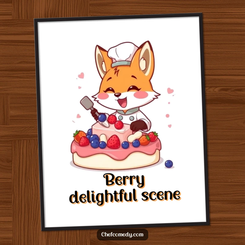 Funny fox chef excitedly decorating a cake with berries, a high-resolution humorous digital art print.