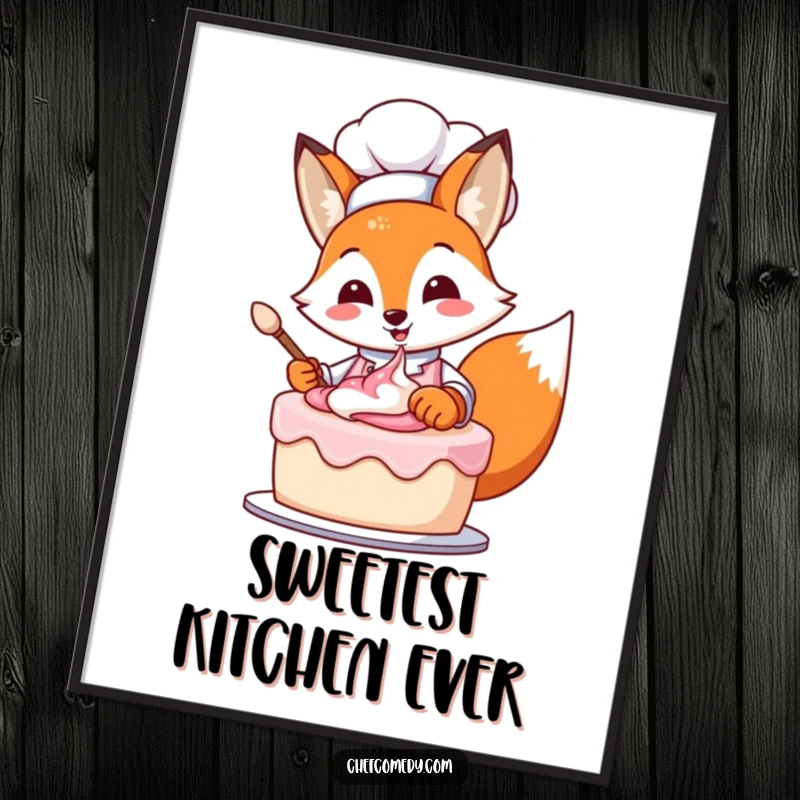 High-resolution digital art of a funny fox chef in the act of frosting a cake, ready for printing.