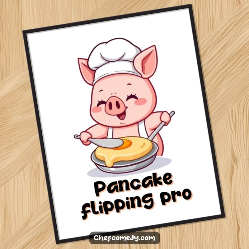 Funny Kawaii pig chef digital art print, capturing a pig chef happily flipping a pancake with immense concentration and pure glee, kitchen art.