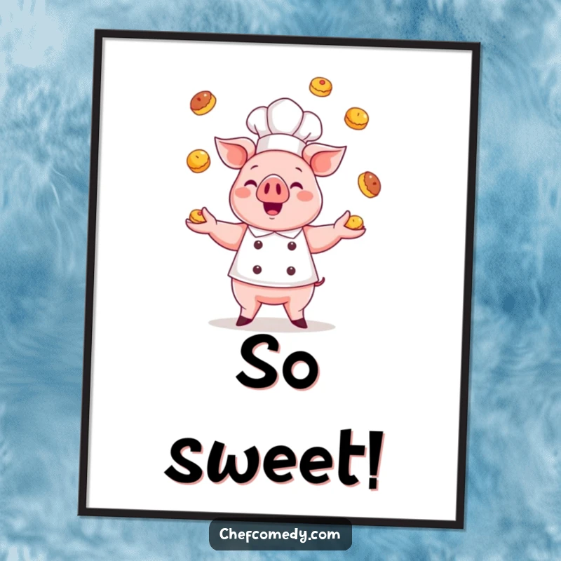 Funny kawaii pig chef digital art print, a cute pig chef gleefully juggling pastries, perfect for adding baking charm to any room.