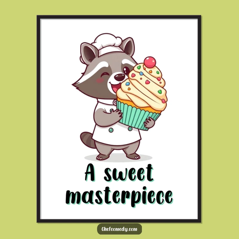 Funny Kawaii Raccoon Chef Digital Art Print: Cupcake Flourish, Instant Decor