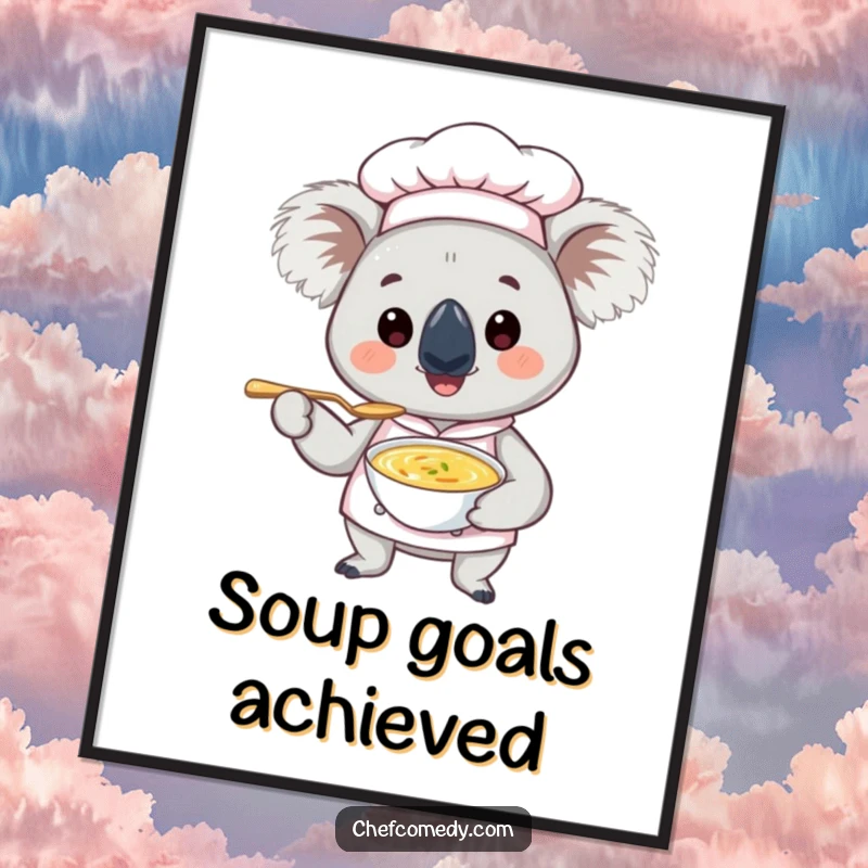 Funny Koala Chef Digital Art Print: A charming koala chef offers a tiny spoonful of soup, capturing adorable culinary humor.