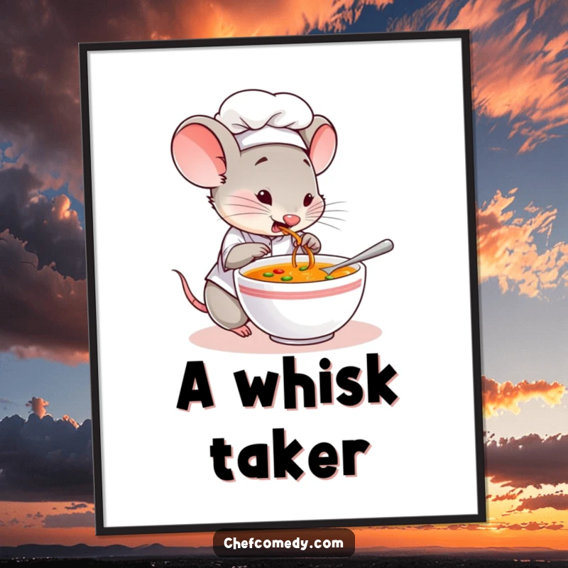 Funny digital art print of a mouse chef character curiously tasting soup, perfect for adding kitchen whimsy.