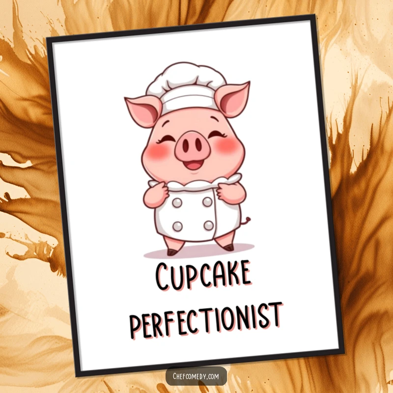 Funny digital art print of a smiling cartoon pig chef proudly presenting a steaming, oversized cupcake, ideal for kitchens or bakeries.