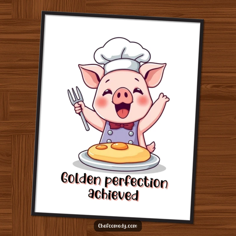 Funny digital art print of a cute pig chef joyfully flipping a pancake, bringing breakfast happiness.