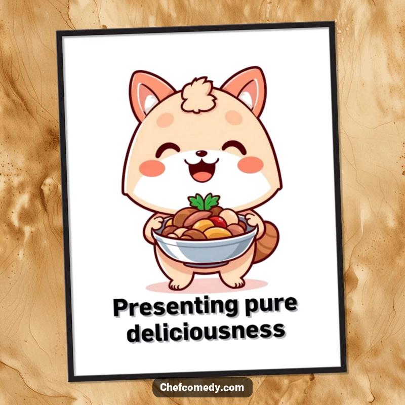 Funny kawaii animal digital art print, with a proud smile, presenting a delicious dish it has prepared.