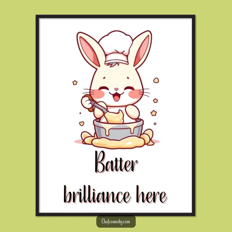 Funny Rabbit Chef Digital Art: Enthusiastic Batter Mixing Character, Whimsical Funny Gift for Walls