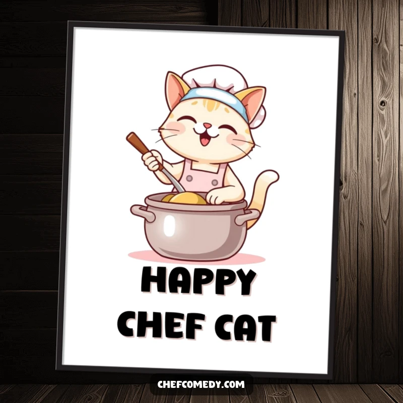 Funny Kawaii Cat Chef Digital Print: A cute cat chef happily stirs a giant pot. Instant download art full of adorable culinary humor.