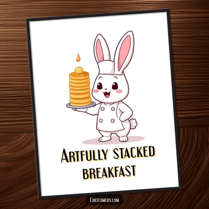 Funny Kawaii Bunny Chef Digital Art Print of a cute bunny chef presenting a tall, wobbly pancake stack, for instant decor.