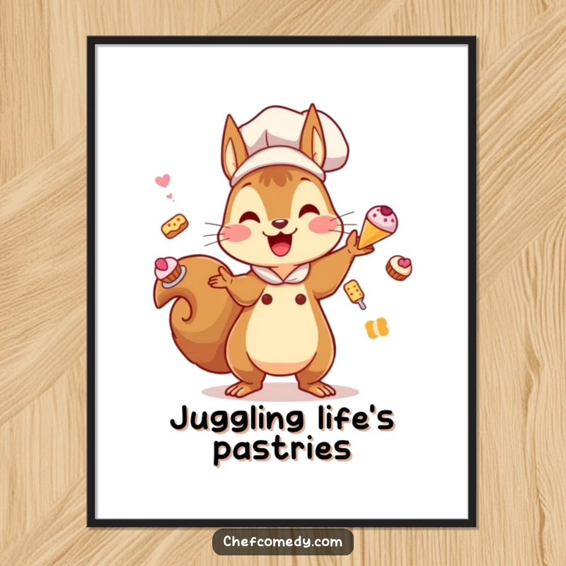 Funny Kawaii Squirrel Chef Digital Art Print: A cute squirrel chef juggling pastries, ready to add a playful and humorous touch to decor.
