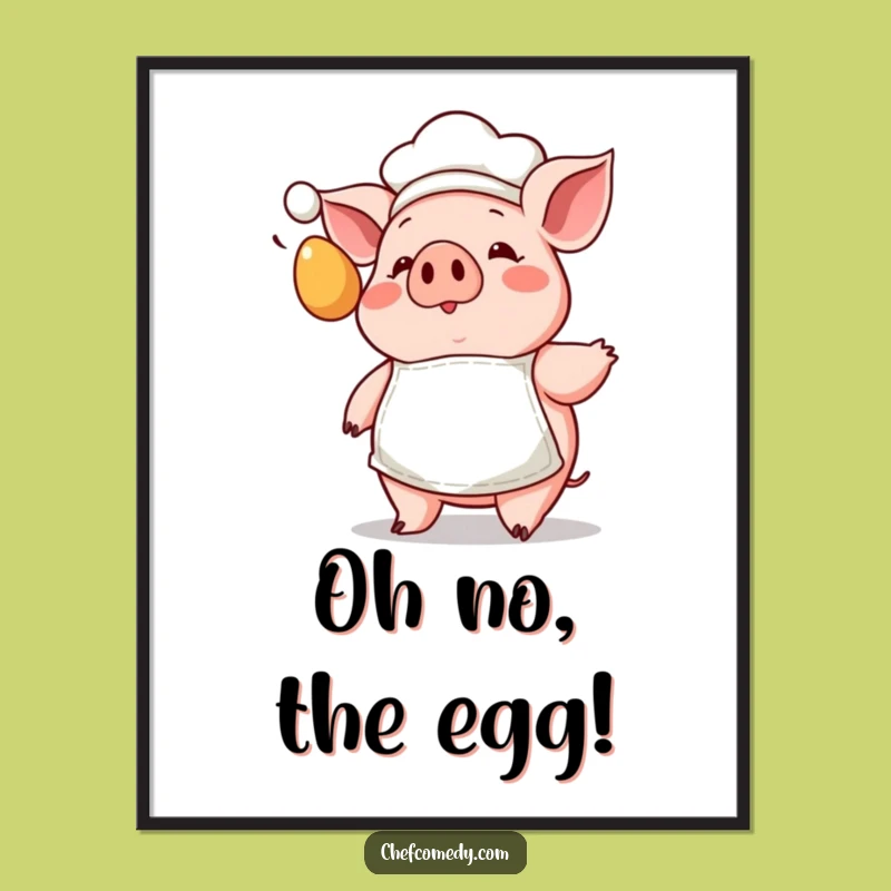 Instant Funny Pig Chef Art: Adorable Kawaii Flying Egg Surprise Digital Print