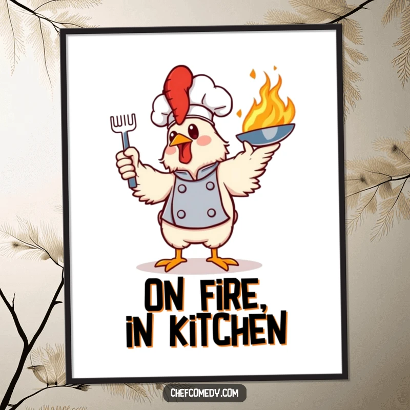 Funny digital art print of a confident chicken chef dramatically tossing a flaming frying pan, perfect for vibrant decor.