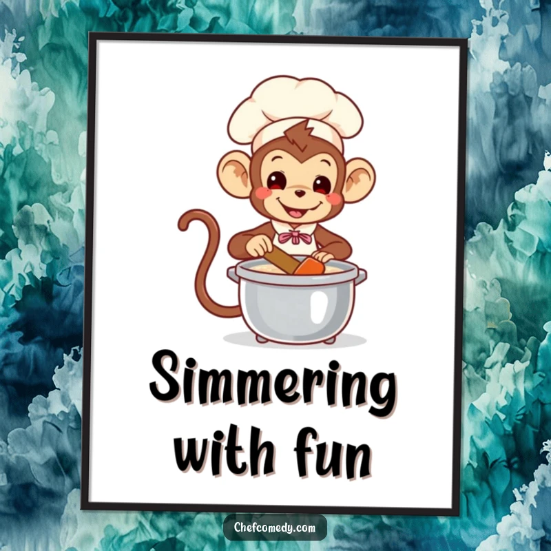 Funny Monkey Chef Digital Art Print: Playful monkey chef stirring a pot, a humorous and downloadable jungle-themed artwork.