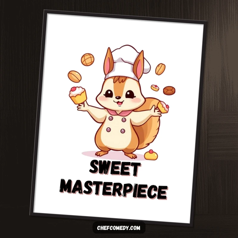 Funny Kawaii Squirrel Chef Digital Art Print: A high-resolution artwork of a kawaii squirrel chef humorously juggling many tiny pastries, ready to download.