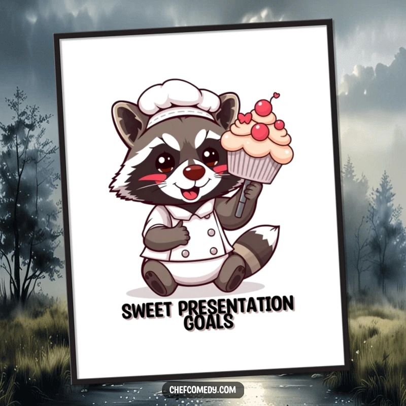 Funny Kawaii Raccoon Chef Digital Art Print: A cute raccoon chef presents a decorated cupcake, ready to add a sweet and humorous touch to decor.
