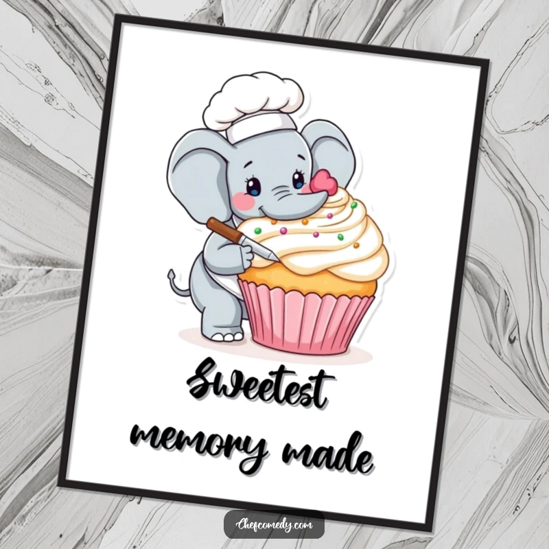 Funny digital art print of a careful elephant chef delicately decorating a giant cupcake, perfect for sweet decor.