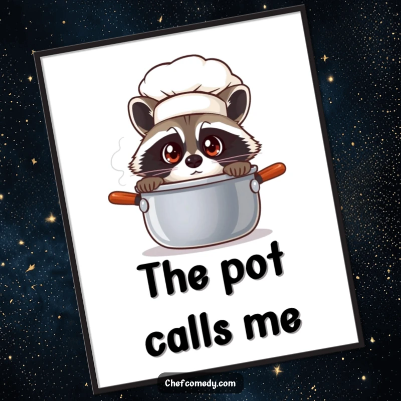 Downloadable funny raccoon chef art of a character peeking into a steaming pot, ideal for instant wall decor.