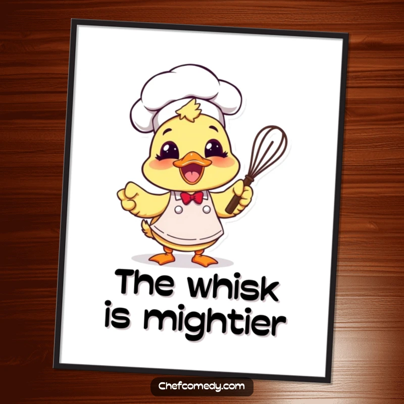 Downloadable funny duck chef art of a character excited with an apron and whisk, ideal for instant decor.