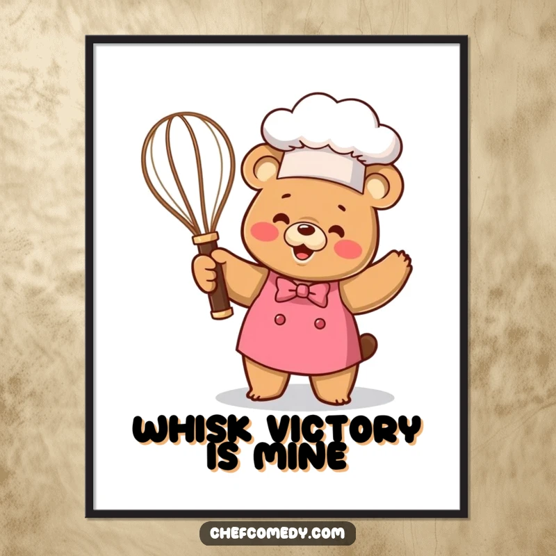 Funny Kawaii Bear Chef Digital Art Print, a happy cartoon bear holding a whisk trophy, vibrant and humorous decor.