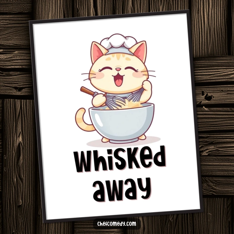 Funny digital art print of a kawaii cat chef enthusiastically whisking a large bowl of batter, ready to bake.