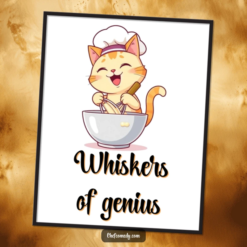 Funny digital art print of a happy cat chef energetically whisking batter in a large bowl, ideal for kitchens or cafes.