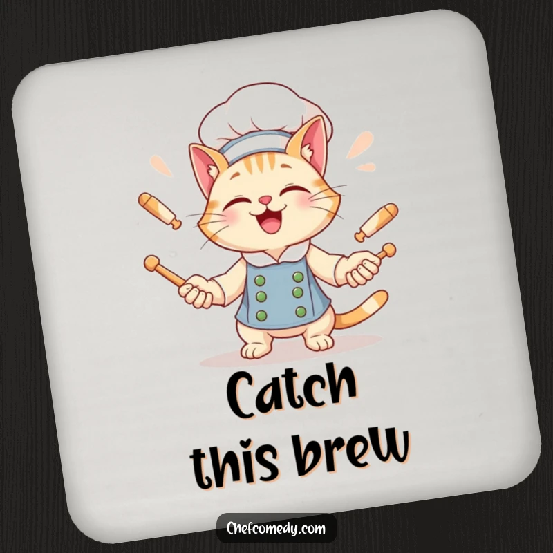 Funny Cat Chef Coasters: A grinning cat chef juggles rolling pins, adding humor to drink service.