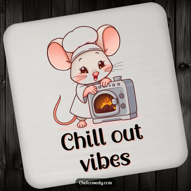 Funny mouse chef character fanning a tiny oven with great effort on a protective drink coaster, for home bars.