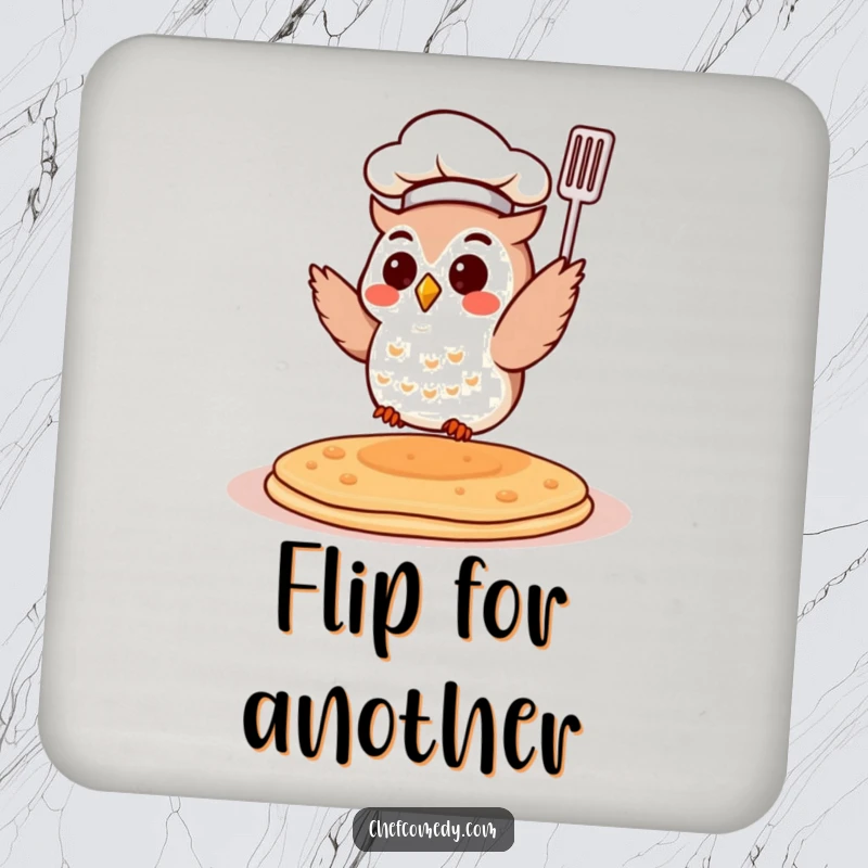 Funny Chef Owl Coaster: A small owl chef flips a pancake. Protects surfaces with whimsical and culinary humor.