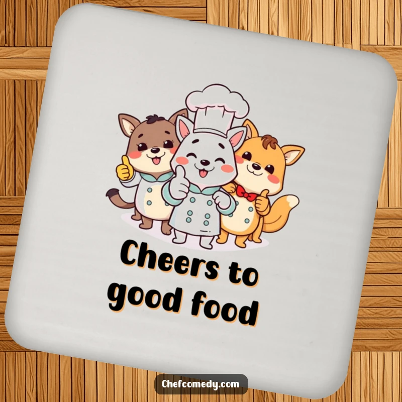 Funny animal chefs giving a thumbs up, depicted on protective drink coasters, adding a cheerful accent to tables.