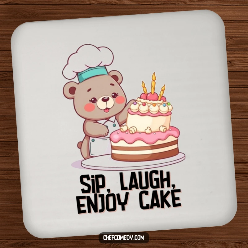Funny bear chef character frosting a cake, depicted on protective drink coasters, ideal for parties and everyday use.