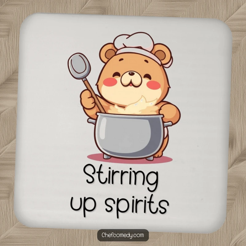 Funny Bear Chef Coasters: An enthusiastic bear stirs a bubbling pot, adding humor to drink service.