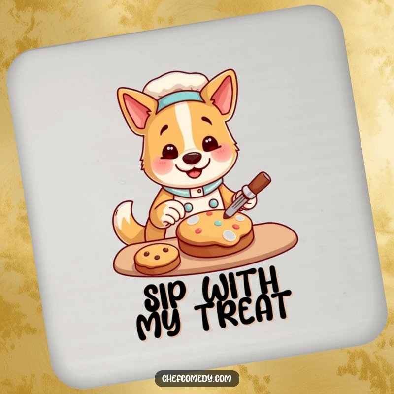 Funny drink coaster with a happy dog chef character decorating a cookie, protecting surfaces with a charming and humorous design.