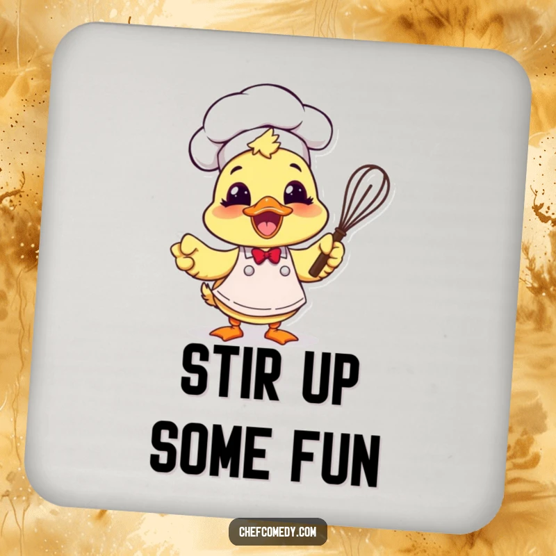Funny duck chef character with apron and whisk, protecting surfaces with these humorous and functional drink coasters.