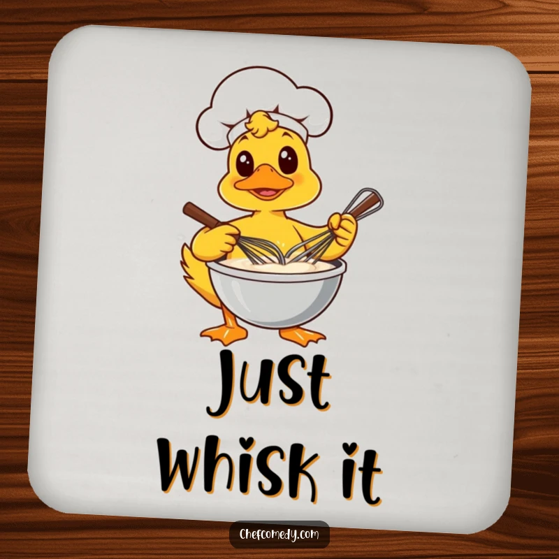 Funny drink coaster featuring a focused duck chef vigorously whisking a bowl of batter, perfect for protecting surfaces.