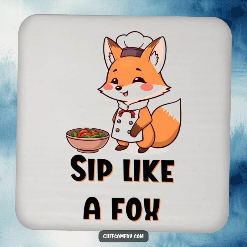 Funny Fox Chef Coaster: A fox chef triumphantly presents a steaming dish, adding a touch of wit and protection.