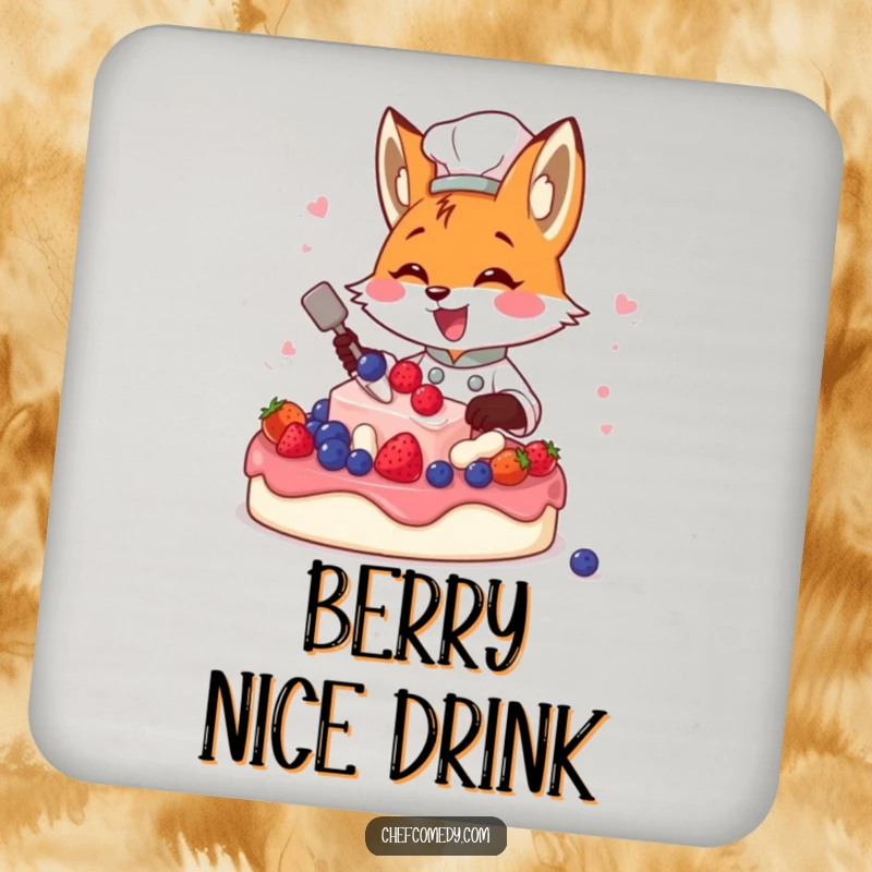 Funny fox chef decorating a cake with berries, a humorous and functional drink coaster.