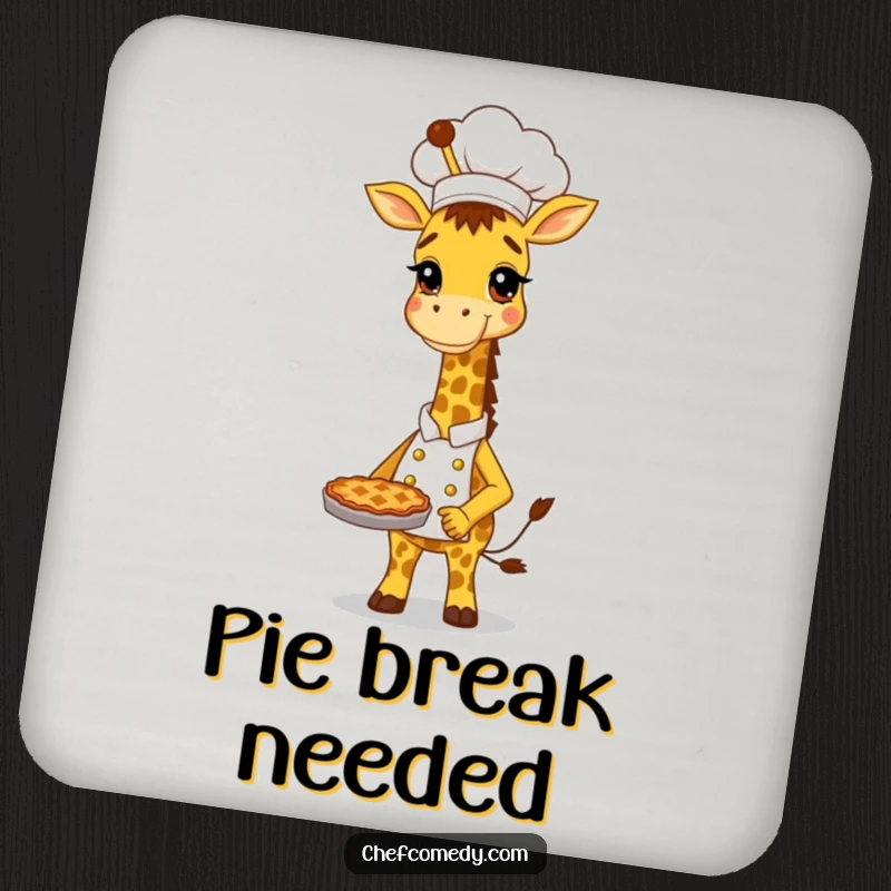 Funny Giraffe Chef Coaster: Tall, proud giraffe baker holding a delicious pie, protecting surfaces with humor.