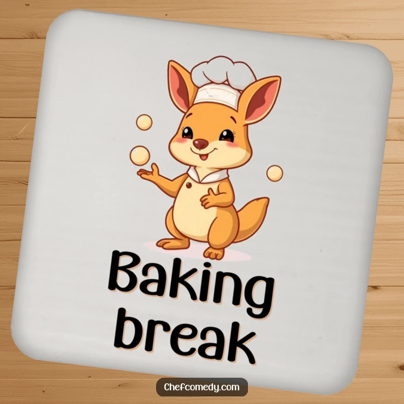 Funny kangaroo chef coasters showing a marsupial baker juggling pastry dough, protecting surfaces with charm.