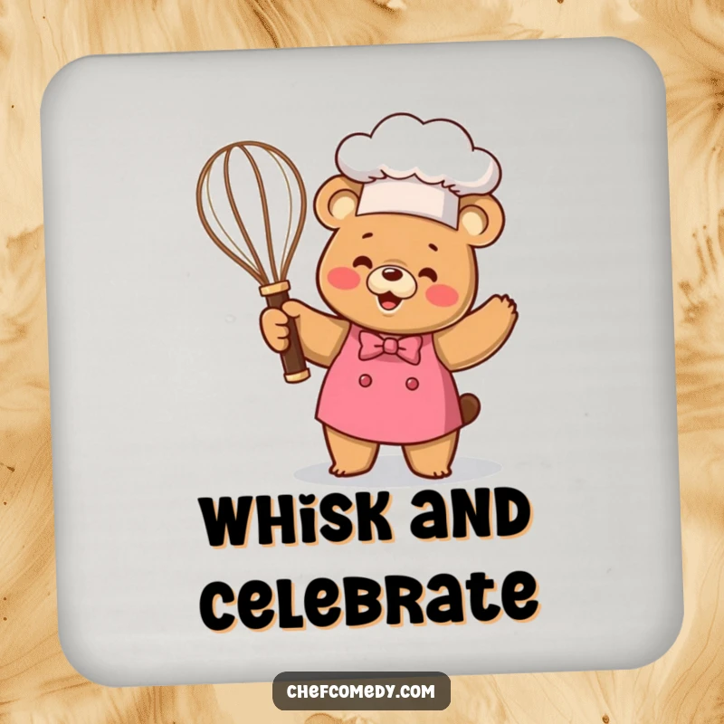Funny Kawaii Bear Chef Trophy Coaster, a happy cartoon bear holding a whisk trophy, functional and humorous table protection.