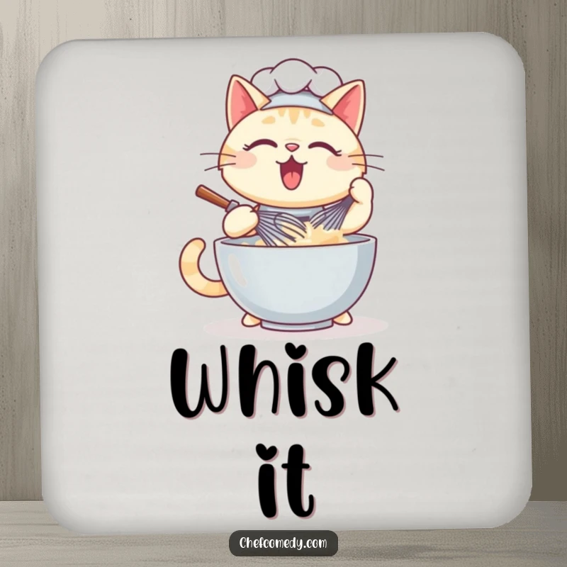 Funny kawaii cat chef drink coasters showing a cat chef whisking batter, safeguarding furniture from moisture.